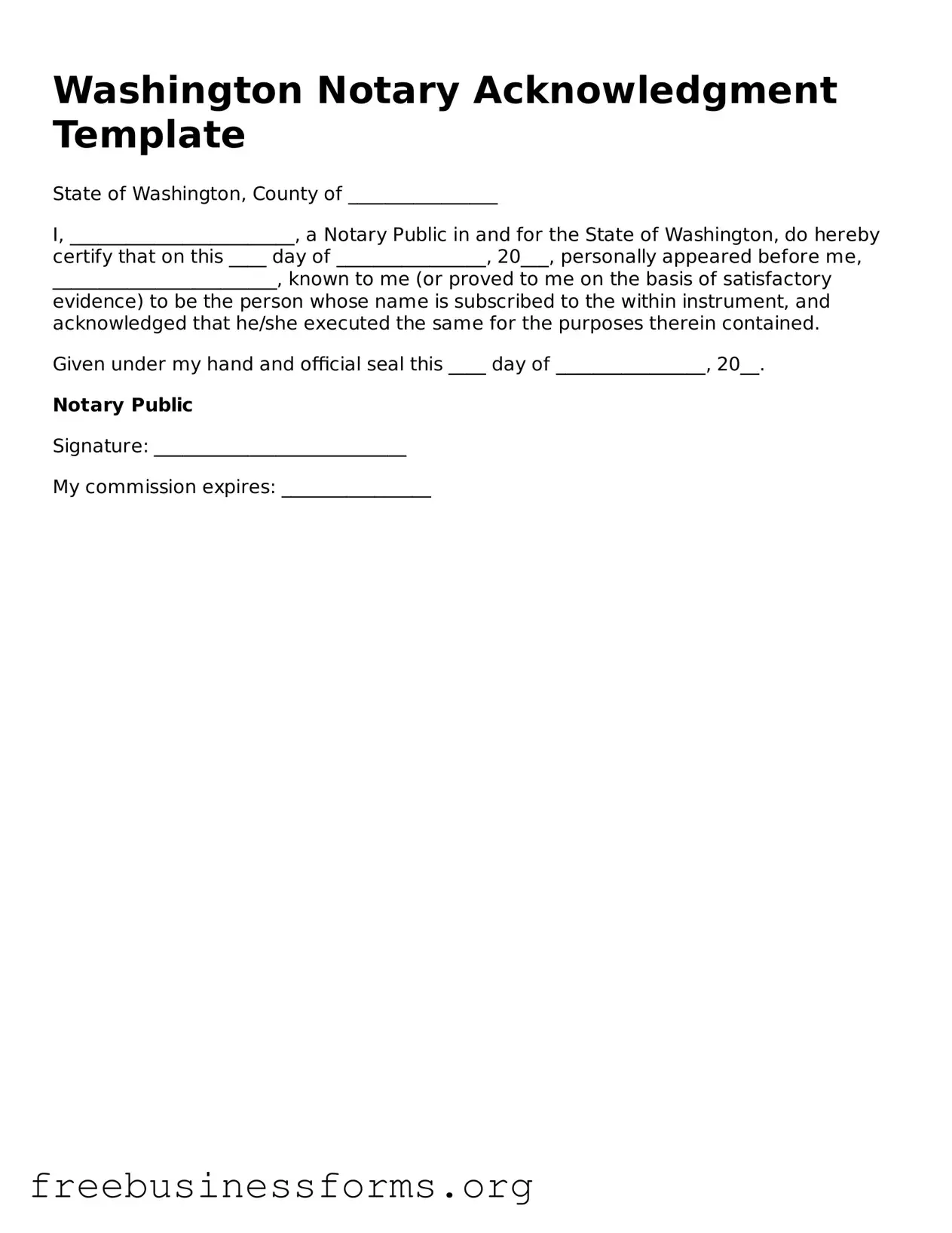 Blank Notary Acknowledgement Template for Washington