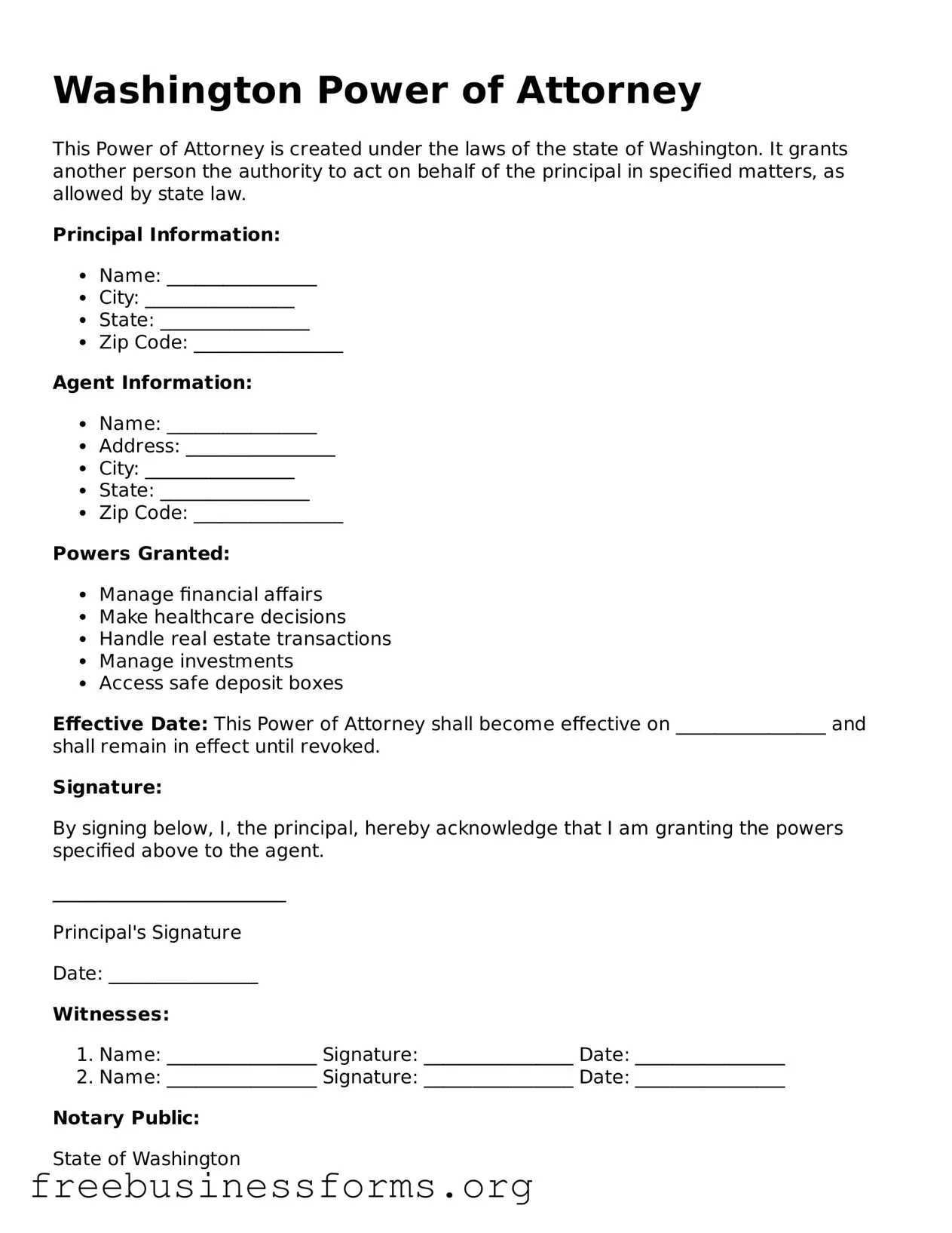 Blank  Power of Attorney Template for Washington