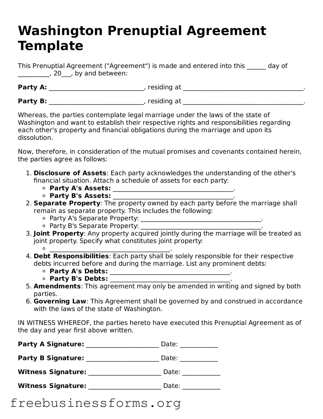 Blank  Prenuptial Agreement Template for Washington