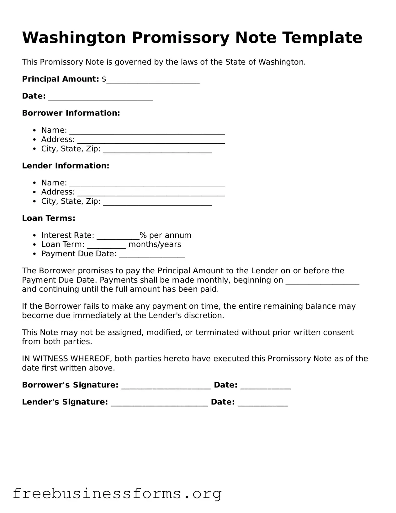Blank  Promissory Note Template for Washington