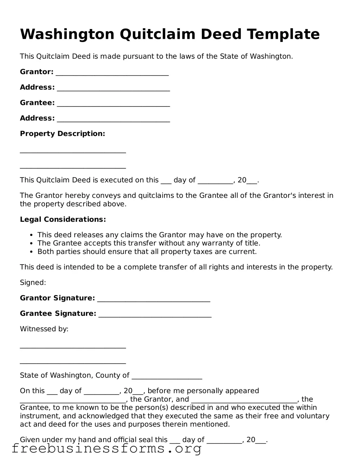 Blank  Quitclaim Deed Template for Washington