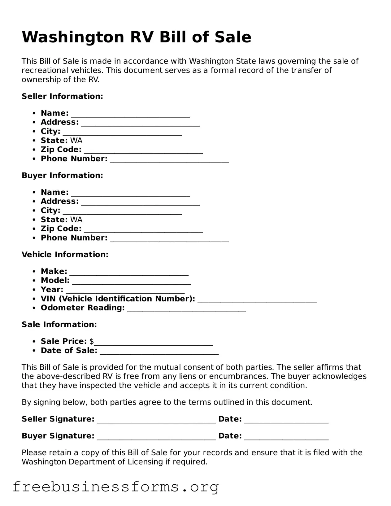 Blank  RV Bill of Sale Template for Washington