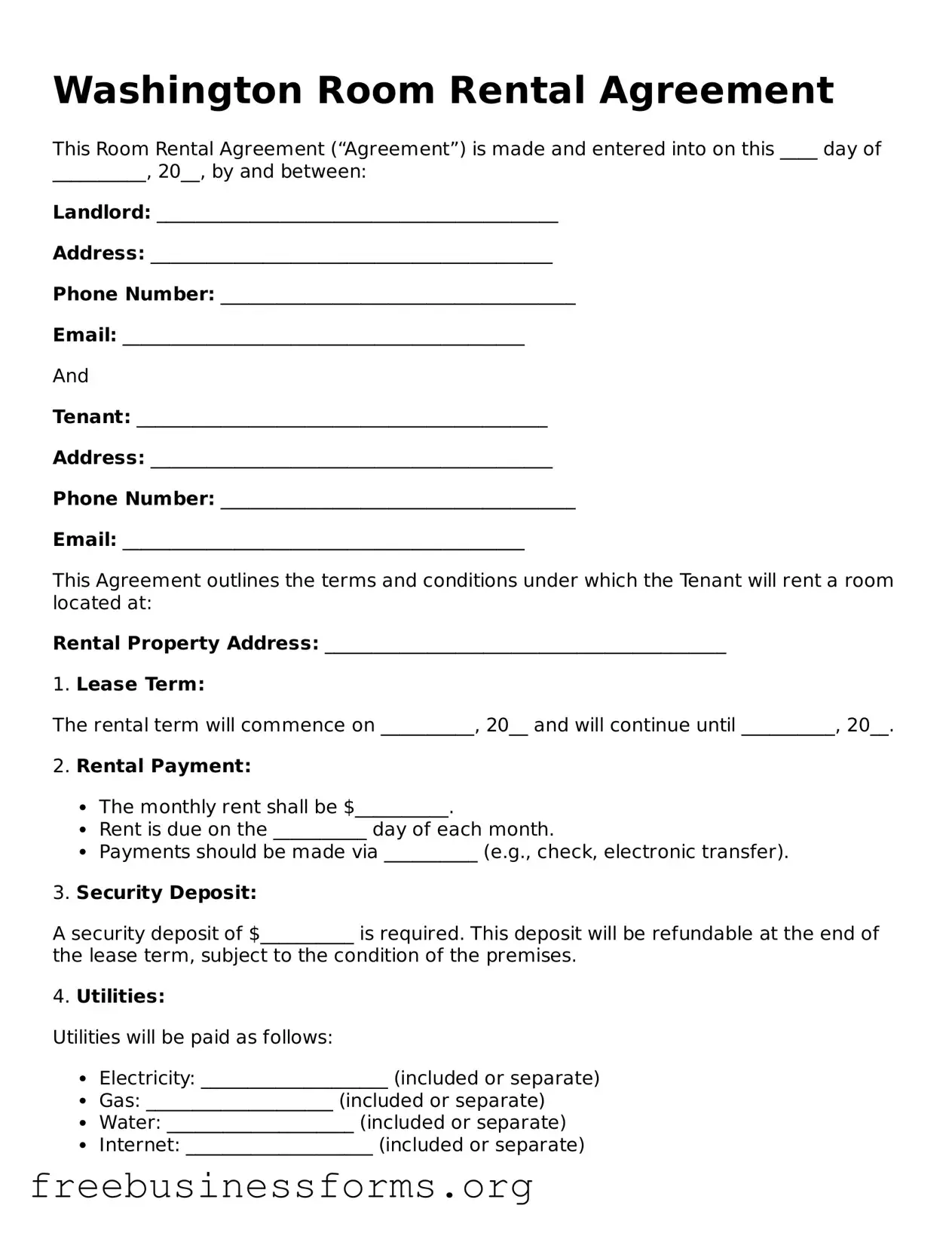 Blank  Room Rental Agreement Template for Washington