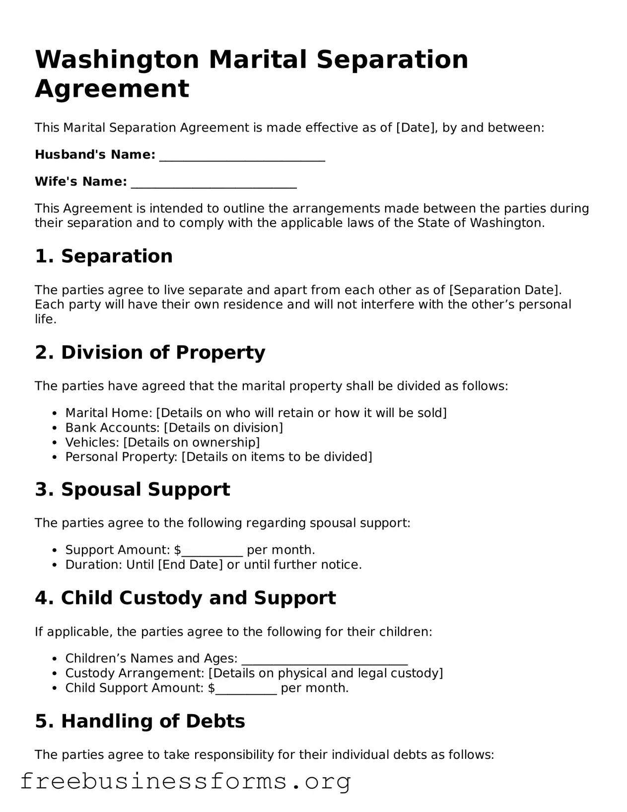Blank  Marital Separation Agreement Template for Washington