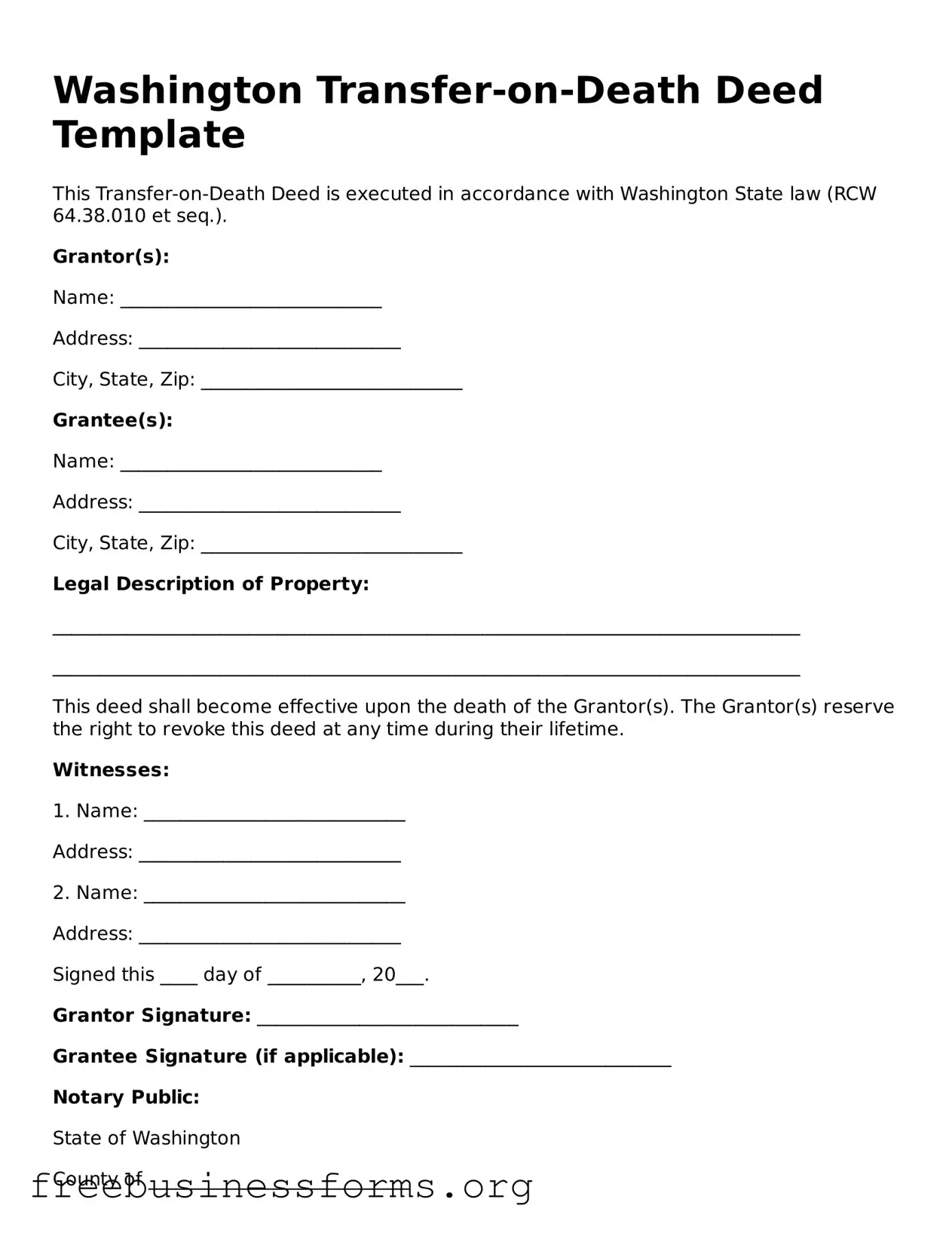 Blank  Transfer-on-Death Deed Template for Washington