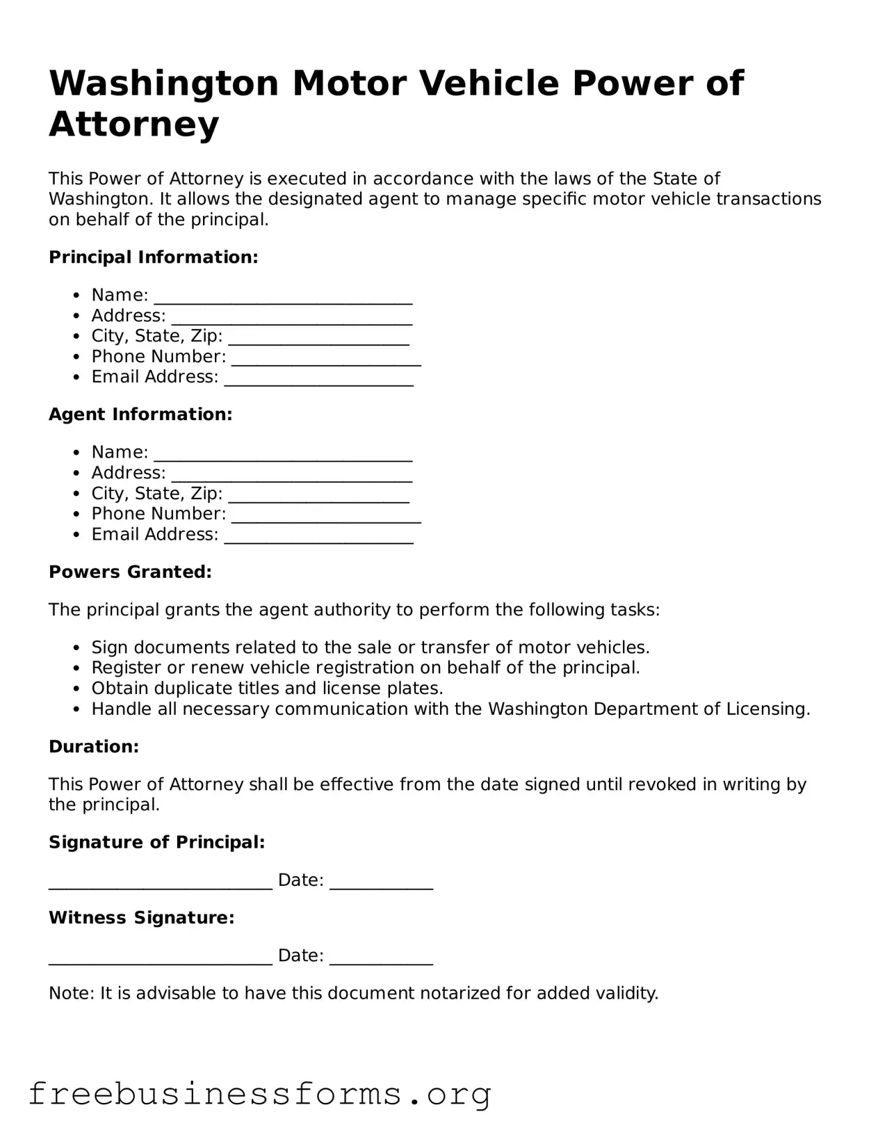Blank  Motor Vehicle Power of Attorney Template for Washington