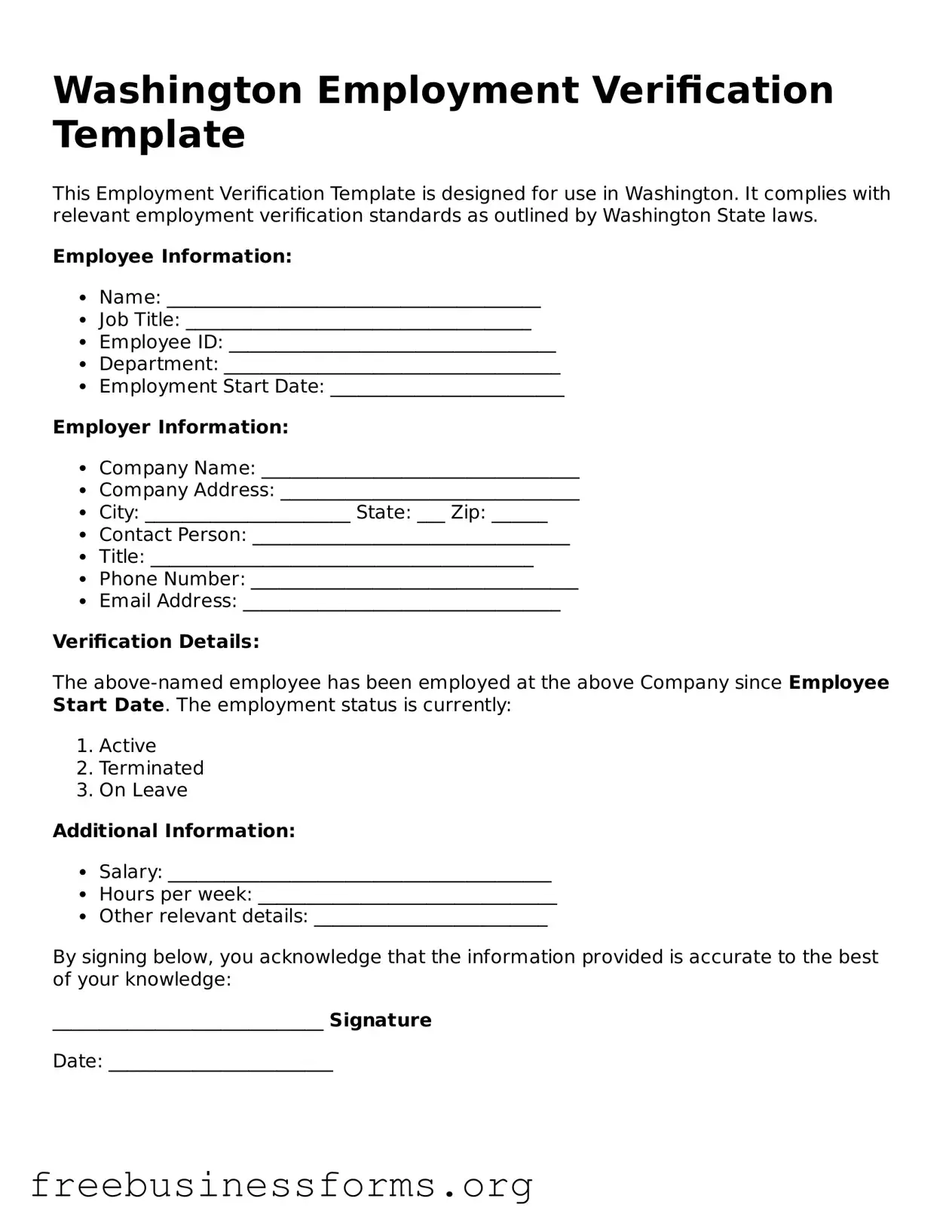 Blank  Employment Verification Template for Washington