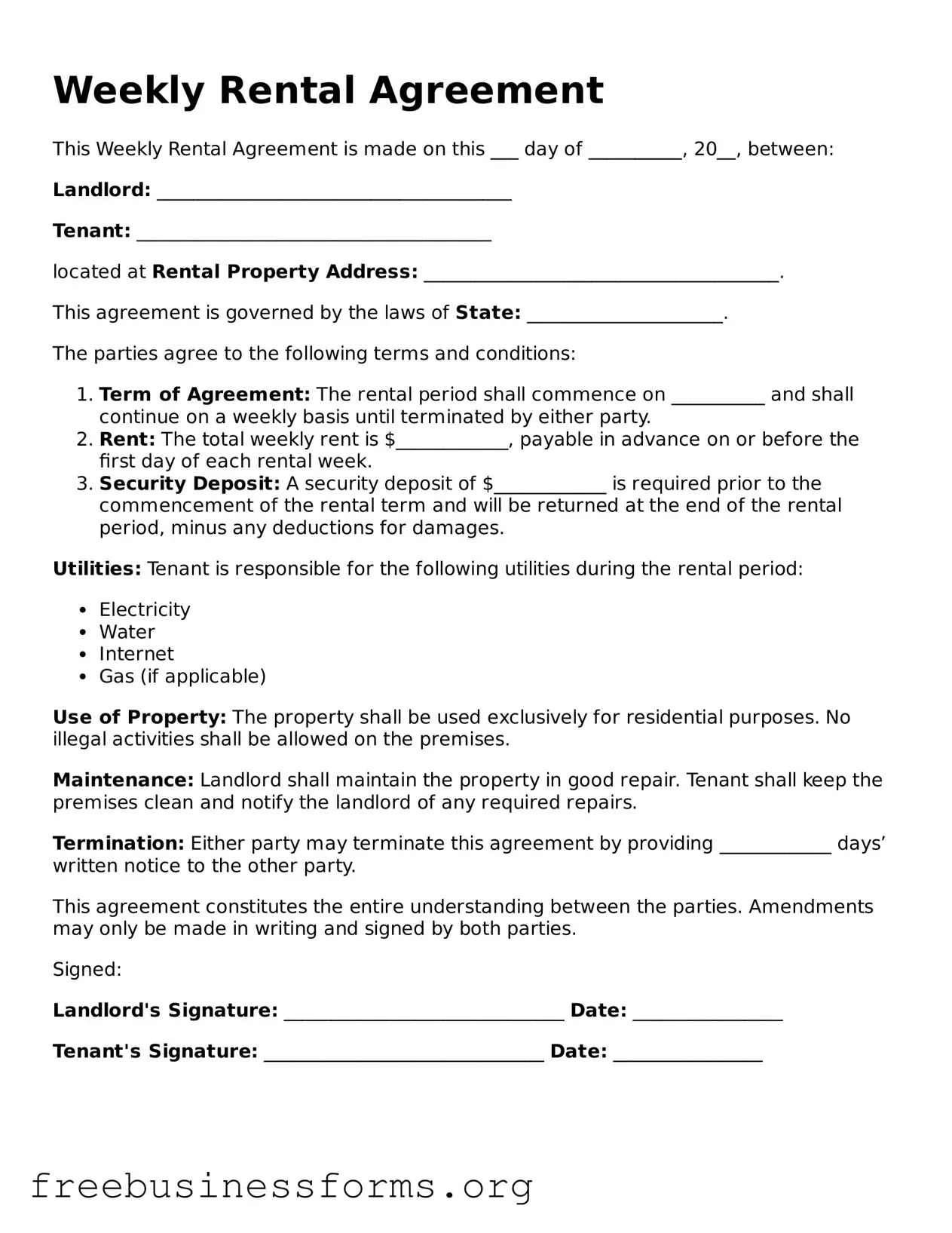 Official Weekly Rental Agreement Form