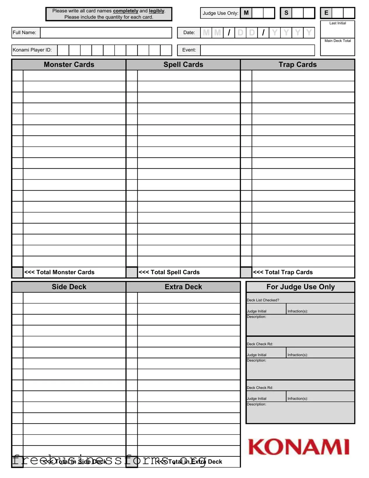 Official Konami Decklist Form in PDF